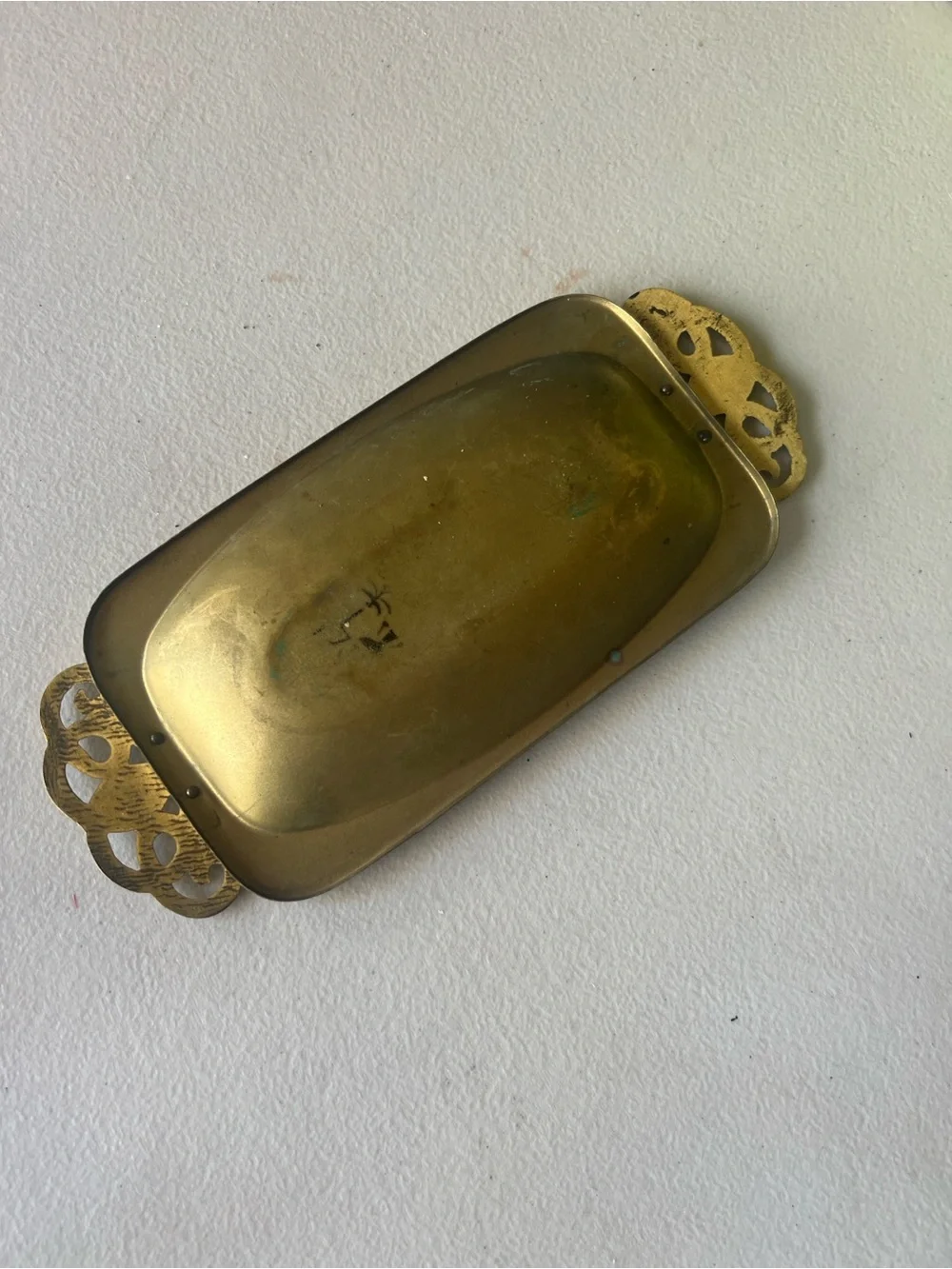 Vtg Mid Century Israel Brass Trinket Dish Green Enamel Jerusalem Souvenir Tray